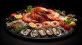 Seafood charcuterie platter board with shrimp, oysters, fish and octopus on black background