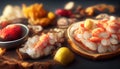 Seafood charcuterie platter board with shrimp, oysters, fish and octopus on black background. Top view, close up