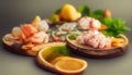 Seafood charcuterie platter board with shrimp, oysters, fish and octopus on black background. Top view, close up