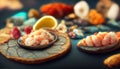 Seafood charcuterie platter board with shrimp, oysters, fish and octopus on black background. Top view, close up