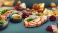 Seafood charcuterie platter board with shrimp, oysters, fish and octopus on black background. Top view, close up