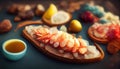 Seafood charcuterie platter board with shrimp, oysters, fish and octopus on black background. Top view, close up
