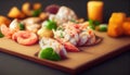 Seafood charcuterie platter board with shrimp, oysters, fish and octopus on black background. Top view, close up