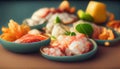 Seafood charcuterie platter board with shrimp, oysters, fish and octopus on black background. Top view, close up