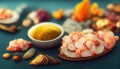 Seafood charcuterie platter board with shrimp, oysters, fish and octopus on black background. Top view, close up