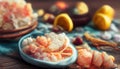 Seafood charcuterie platter board with shrimp, oysters, fish and octopus on black background. Top view, close up