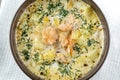 Seafood Chowder Fish Soup with Salmon, Cream and Potatoes Country cuisine, farm-style