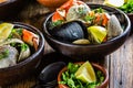 Seafood clams crabs mussela soup. Mariscal Royalty Free Stock Photo