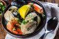 Seafood clams crabs mussela soup. Mariscal Royalty Free Stock Photo