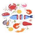 seafood collection set vector drawing illustration flat of fish shrimp crab tuna culinary marine creature Royalty Free Stock Photo