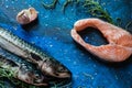 Seafood composition with raw mackerel and salmon fillet