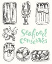 Seafood conserves vintage engraved drawn sketch.
