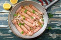 Seafood cooked mantis shrimp, or sea cicadas in metal pan