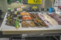 Seafood counter in a supermarket in the Meridiano shopping center in Santa Cruz