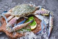 Seafood crab on ice - Fresh raw Blue Swimming Crab ocean gourmet with ice on dark background in the restaurant Royalty Free Stock Photo