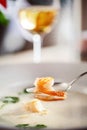 Seafood cream soup in a restaurant closeup Royalty Free Stock Photo