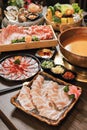 Seafood cuisine plate and beef sliced meat for hot pots. pork slices, scallops,