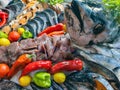 Seafood decoration with raw salmon, tuna, sea bream and other fish arranged with vegetables on ice in display of the restaurant Royalty Free Stock Photo