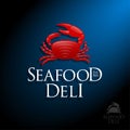 Seafood Deli restaurant or deli market logo. Red crab and letters.