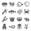 Seafood, delicacy bold black silhouette and line icons set isolated on white. Marine animal, fishes.