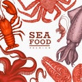 Seafood design template. Hand drawn vector seafood illustration. Engraved style food banner. Retro sea animals background Royalty Free Stock Photo