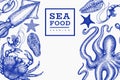 Seafood design template. Hand drawn vector seafood illustration. Engraved style food banner. Retro sea animals background Royalty Free Stock Photo