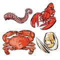 Seafood dinner drawing. Hand drawn vector. with clipping pa