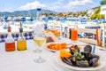 Seafood dinner in a Greece resort near sea Royalty Free Stock Photo