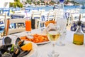 Seafood dinner in a Greece resort near sea Royalty Free Stock Photo