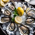Seafood dish with oysters and Meyer lemon slices on ice