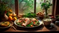 Seafood dish in a plate, seasonings, fresh herbs