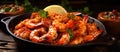 Seafood dish of shrimp and lemon slice on wooden table