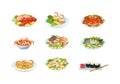 Seafood dishes plates set. Traditional Asian food cuisine with sushi, lobster, salmon, shrimp soup Royalty Free Stock Photo