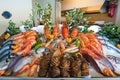 Seafood displayed at the local restaurant on the island of Crete, Greece.