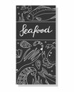 Seafood doodle background. Cafe, restaurant menu, flyer or poster with ocean products. Crab and shrimp, fish, oyster and octopus