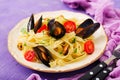 Seafood fettuccine pasta with mussels.