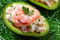 Seafood filled avocado with shrimps tapas pinchos