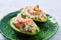 Seafood filled avocado with shrimps tapas pinchos