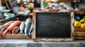 Seafood and Fish Display at Fishmonger\'s With Blank Sign For Text