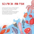 Seafood and fish flat cartoon banner vector illustration. Fish salmon, shrimp, squid, octopus, lobster, crabs with