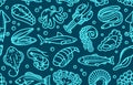 Seafood, fish and sea animals seamless pattern