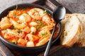 Seafood and fish stew such as shrimp, mussels, scallops, squid with tomatoes close-up in a bowl. Horizontal