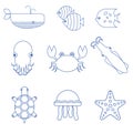 Seafood, fish and underwater animals linear icons