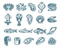 Seafood and fish. Vector isolated icons set.