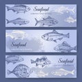 Seafood flyers. Vintage mediterranean fish food poster, sea restaurant flyer and banners drawing vector set Royalty Free Stock Photo