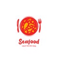 Seafood food restaurant catering logo with fish, mushroom, shrimp, fork and knife on plate icon symbol illustration