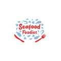 Seafood foodies restaurant catering gourmet logo icon symbol with fish shrimp mushroom vector illustration Royalty Free Stock Photo