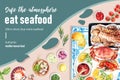 Seafood frame design with crab, crayfish, shell illustration watercolor