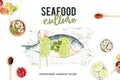 Seafood frame design with fish, lemon grass, garlic illustration watercolor