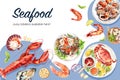 Seafood frame design with lobster, fish, crab illustration watercolor